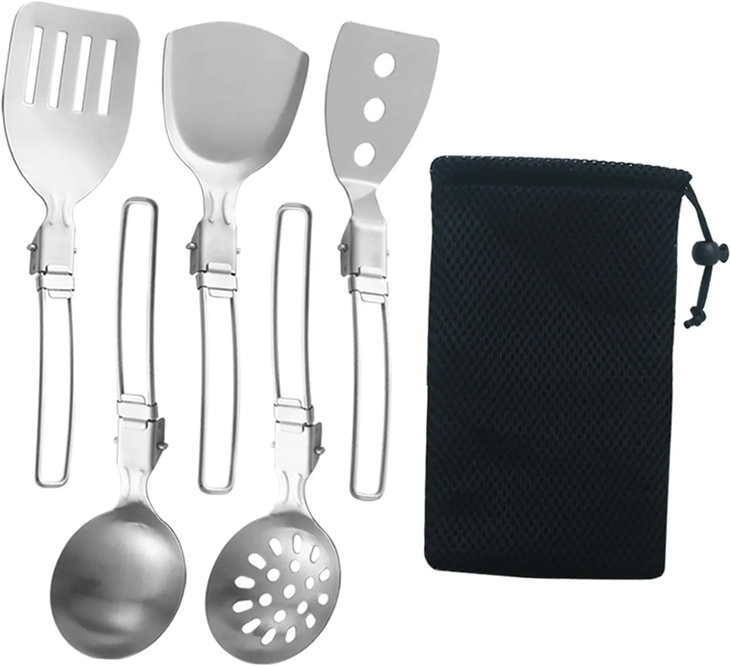 6Pcs Camp Cooking Utensil Set, Foldable Outdoor Kitchen Gear, 304 Stainless Steel Cookware Kit for Camping, RV, BBQ
