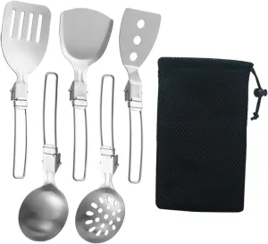 6Pcs Camp Cooking Utensil Set, Foldable Outdoor Kitchen Gear, 304 Stainless Steel Cookware Kit for Camping, RV, BBQ
