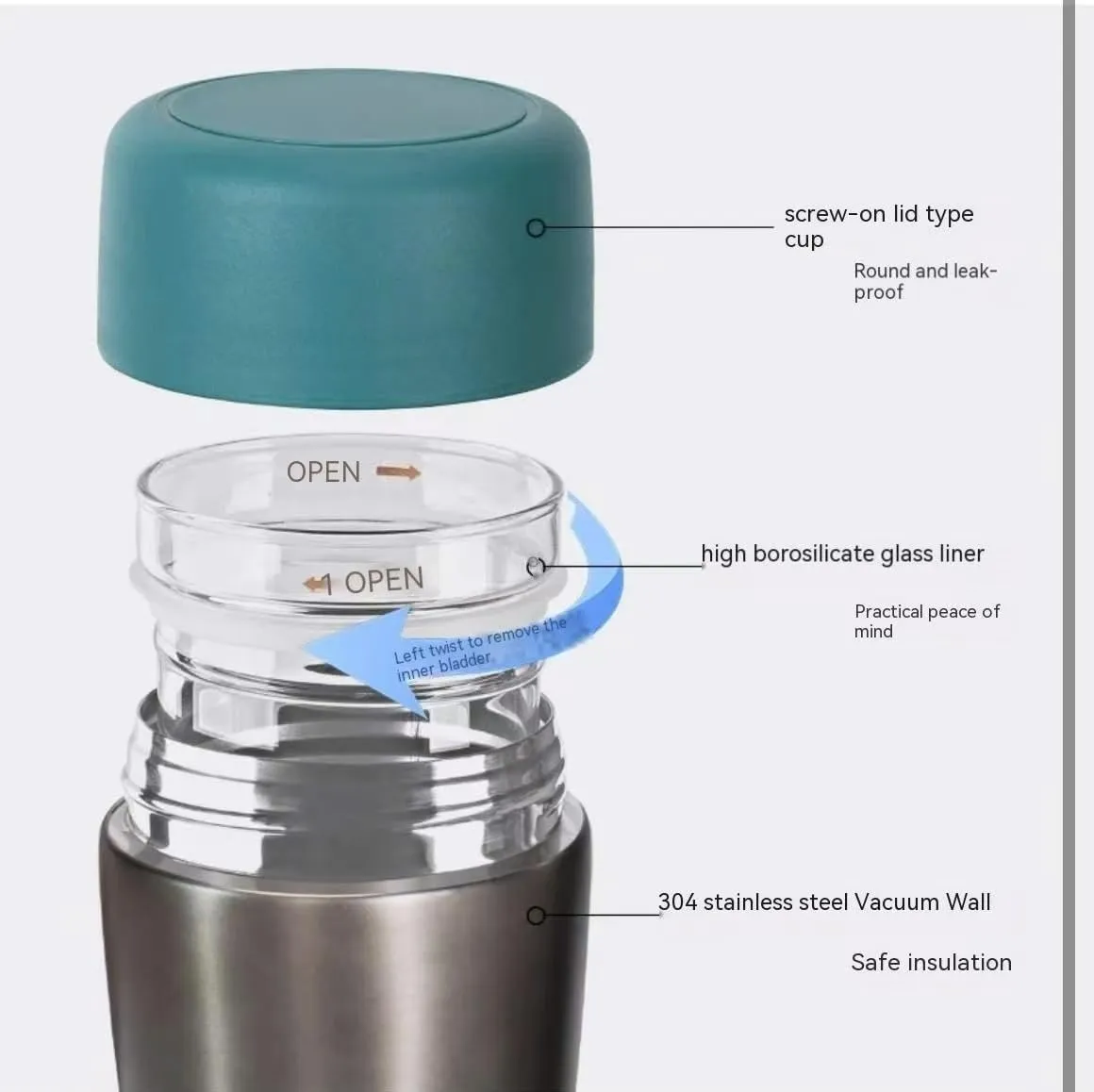 7oz/200ml Stainless Steel Vacuum Insulated Water Bottle with glass liner inside,glass lined thermos for Coffee Hot drink and Cold drink water flask(Peacock Green)