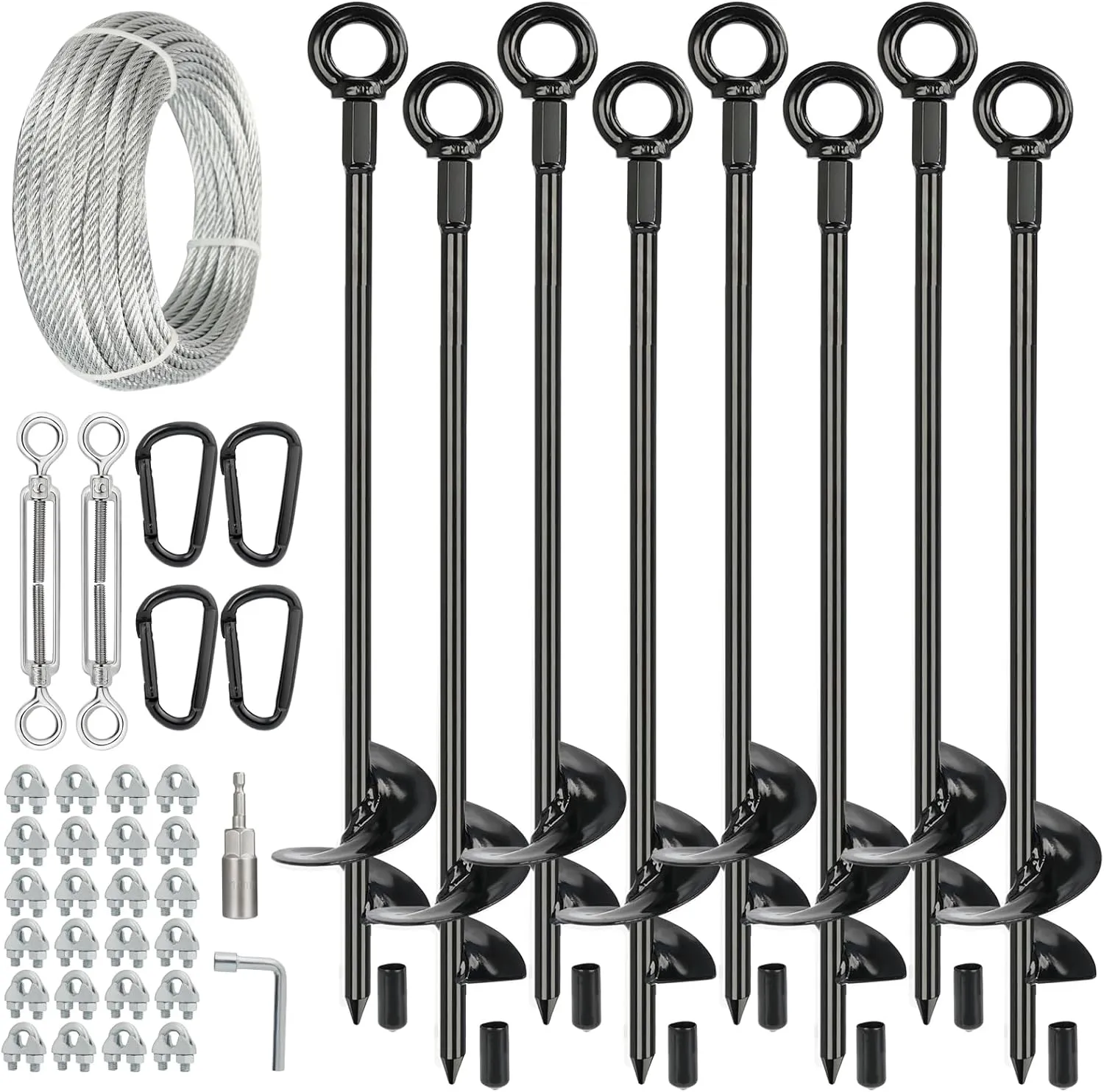 8 Pcs 30" Long Ground Anchors Shed Anchors Kit with 3/16" Galvanized Cable & Turnbuckles & Carabiners, Heavy Duty Earth Anchors for Sheds Trees Trampoline Greenhouse Swing Set Tent.