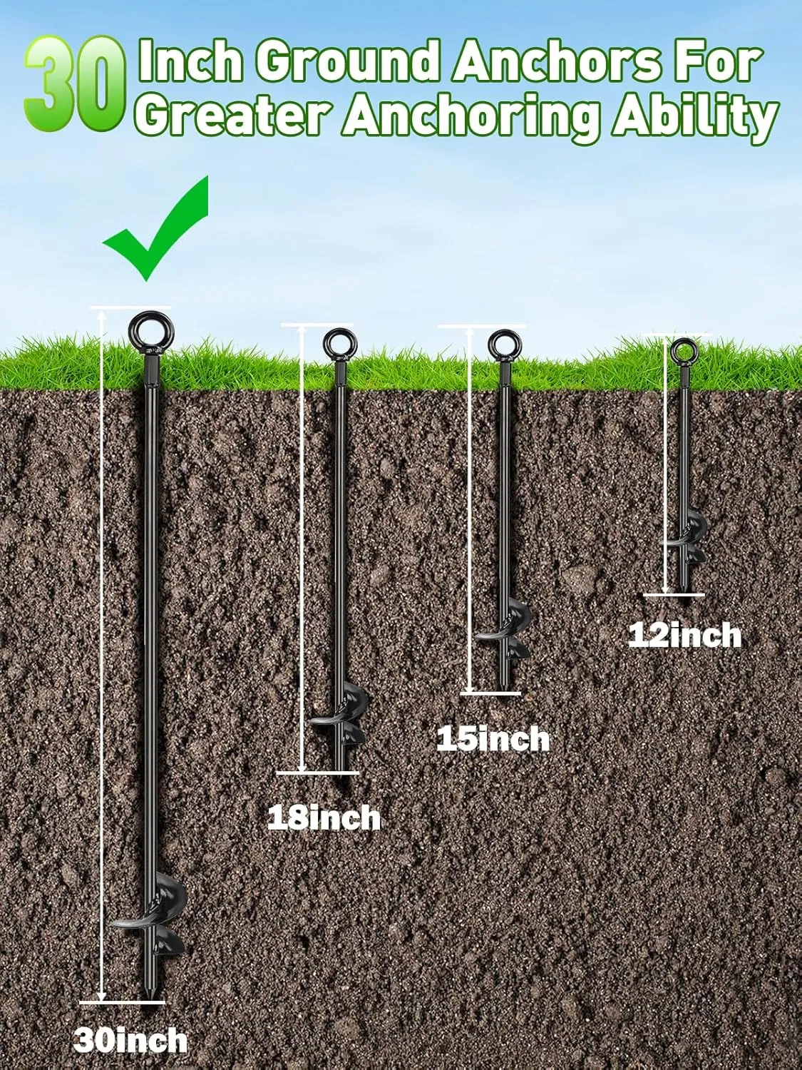 8 Pcs 30" Long Ground Anchors Shed Anchors Kit with 3/16" Galvanized Cable & Turnbuckles & Carabiners, Heavy Duty Earth Anchors for Sheds Trees Trampoline Greenhouse Swing Set Tent.