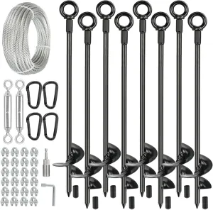 8 Pcs 30" Long Ground Anchors Shed Anchors Kit with 3/16" Galvanized Cable & Turnbuckles & Carabiners, Heavy Duty Earth Anchors for Sheds Trees Trampoline Greenhouse Swing Set Tent.
