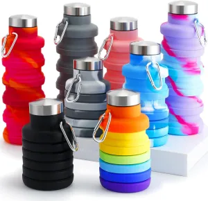 8 Pcs Collapsible Water Bottles 17oz 500ml Silicone Foldable Bottle with Carabiner Lightweight BPA Free Expandable Leakproof