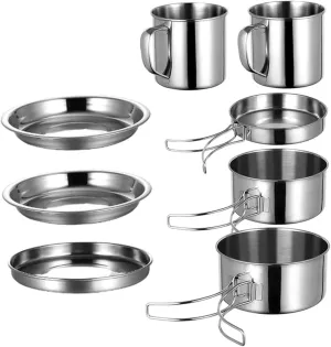 8 Piece Camping Cooking Pan Set Lightweight Picnic Cookware Kit Portable Outdoor Cooking Equipment Stainless Steel Mess Kit for Hiking
