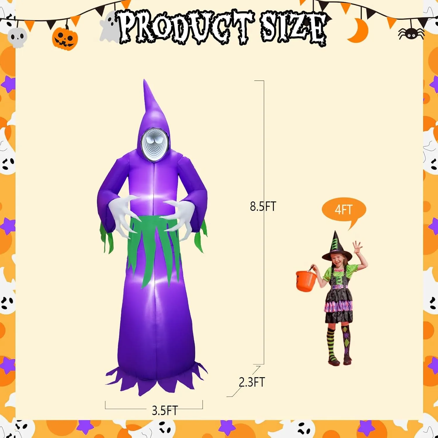 8.5FT Halloween Inflatable Reaper, Blow up Halloween Decoration Purple Wizard with 3D Infinity Tunnel Mirror Light Built-in 8 LED, Inflatable Ghost for Halloween Decoration Outdoor Indoor