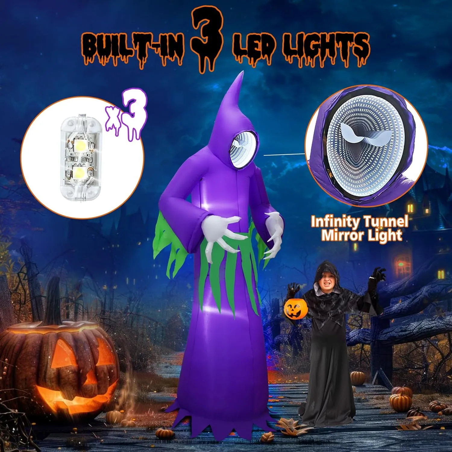 8.5FT Halloween Inflatable Reaper, Blow up Halloween Decoration Purple Wizard with 3D Infinity Tunnel Mirror Light Built-in 8 LED, Inflatable Ghost for Halloween Decoration Outdoor Indoor