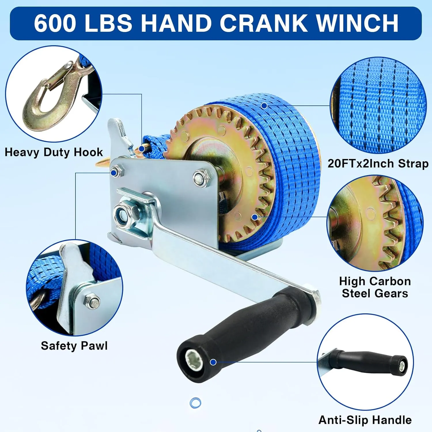 8MILELAKE 600lbs Hand Winch Hand Crank Strap Gear Winch Polyester Strap ATV Boat Trailer Heavy Duty