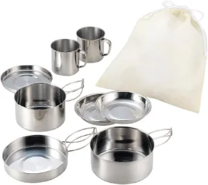 8Pcs Camping Cookware Mess Kit Cookset Portable Tableware Outdoor Pot Plates and Cups Cooking Set for Picnic Travel Campfire Indoors Dinner