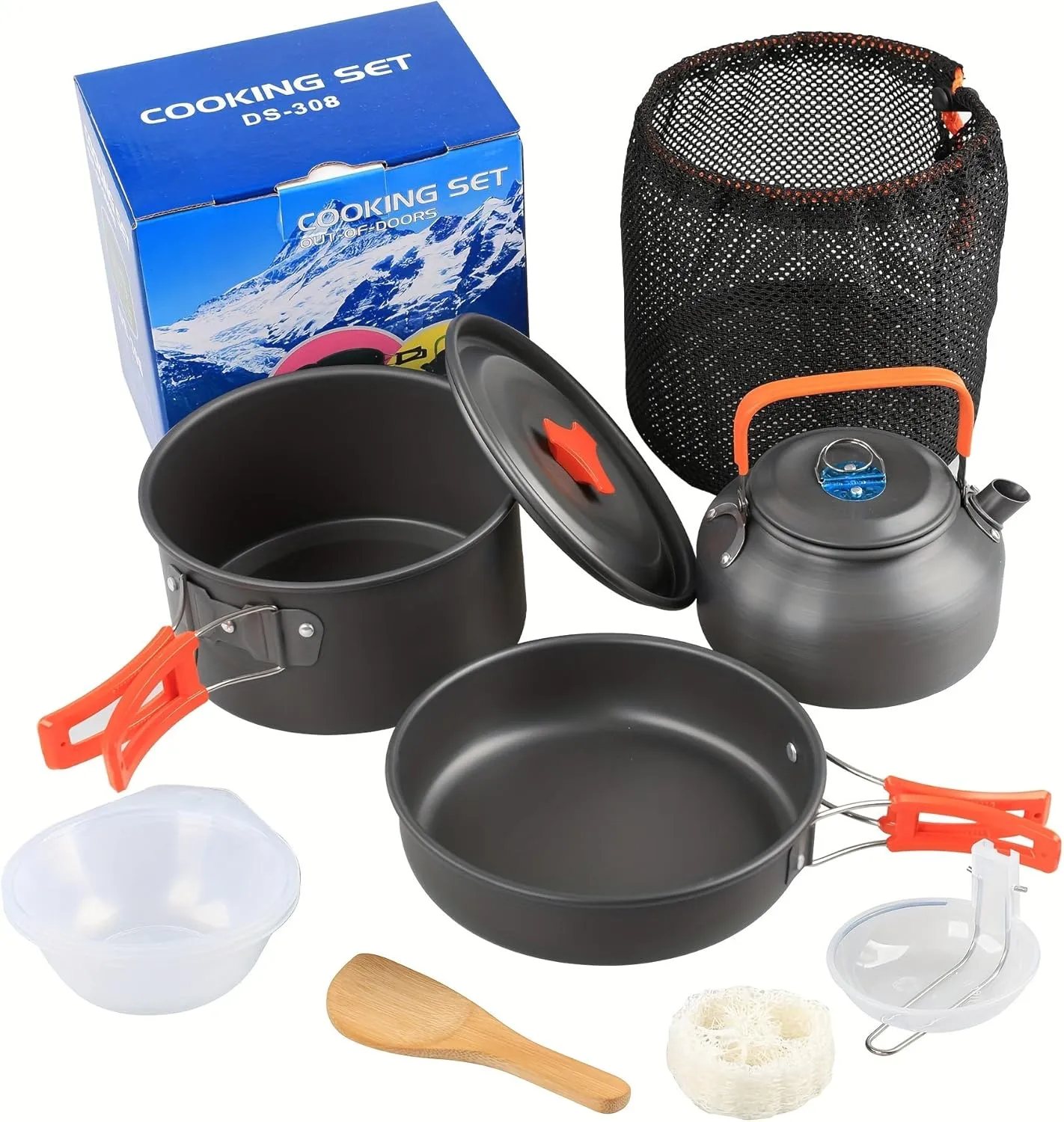 9pcs Camping Cookware Set Lightweight Camping Cookware Set for 2-3 People – Aluminum Pots, Pans & Kettle Combo with Bowls, Spoon & Dishcloth – Portable Hiking & Backpacking Cookware Kit
