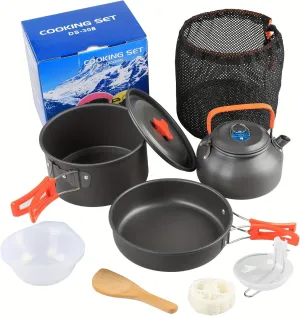 9pcs Camping Cookware Set Lightweight Camping Cookware Set for 2-3 People – Aluminum Pots, Pans & Kettle Combo with Bowls, Spoon & Dishcloth – Portable Hiking & Backpacking Cookware Kit