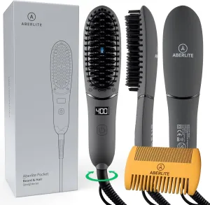 Aberlite Pocket - Compact Beard Straightener for Men - Ionic & Anti-Scald Technology - Beard Straightening Heat Brush Comb Ionic - for Home and Travel