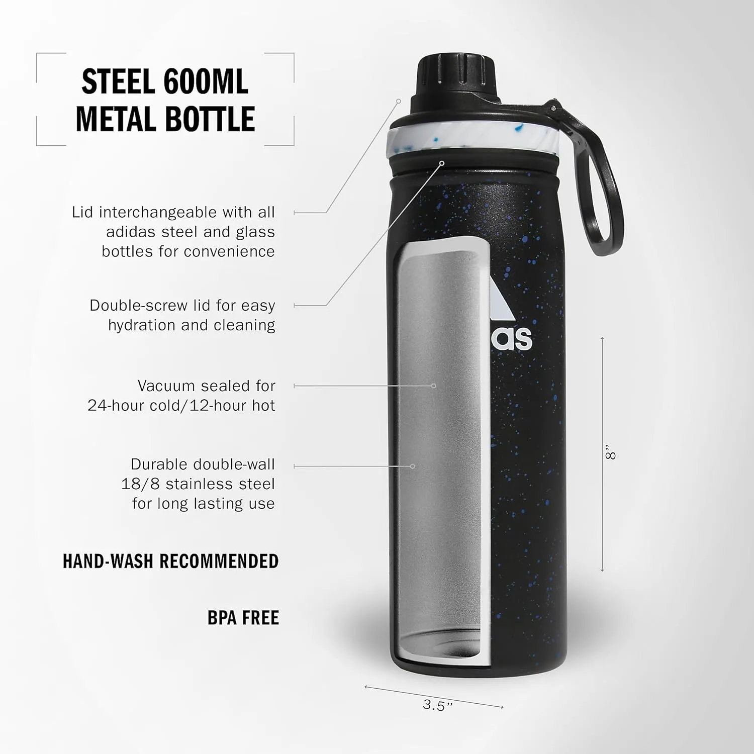 adidas 20 oz Stainless Steel Water Bottle, Insulated Double-Walled 18/8 Metal, Men, Women, Girls and Boys