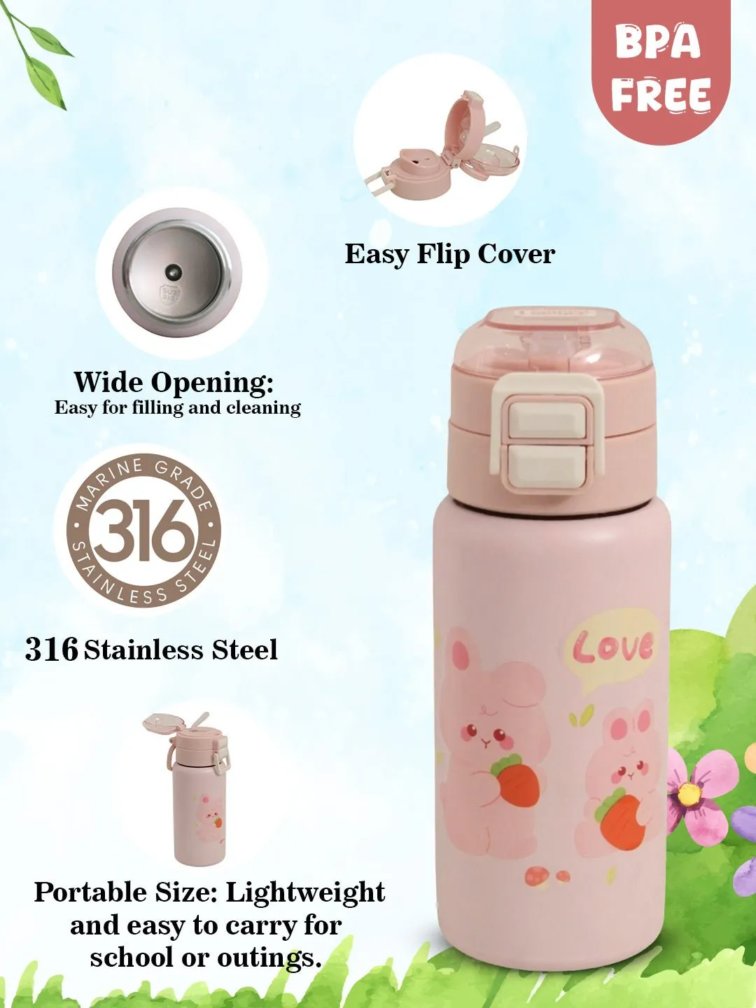 Adorable Bunny Insulated Hot & Cold Stainless Steel Sipper Bottle For Girls- 520 ML