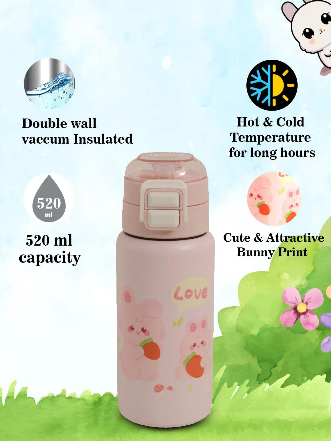 Adorable Bunny Insulated Hot & Cold Stainless Steel Sipper Bottle For Girls- 520 ML