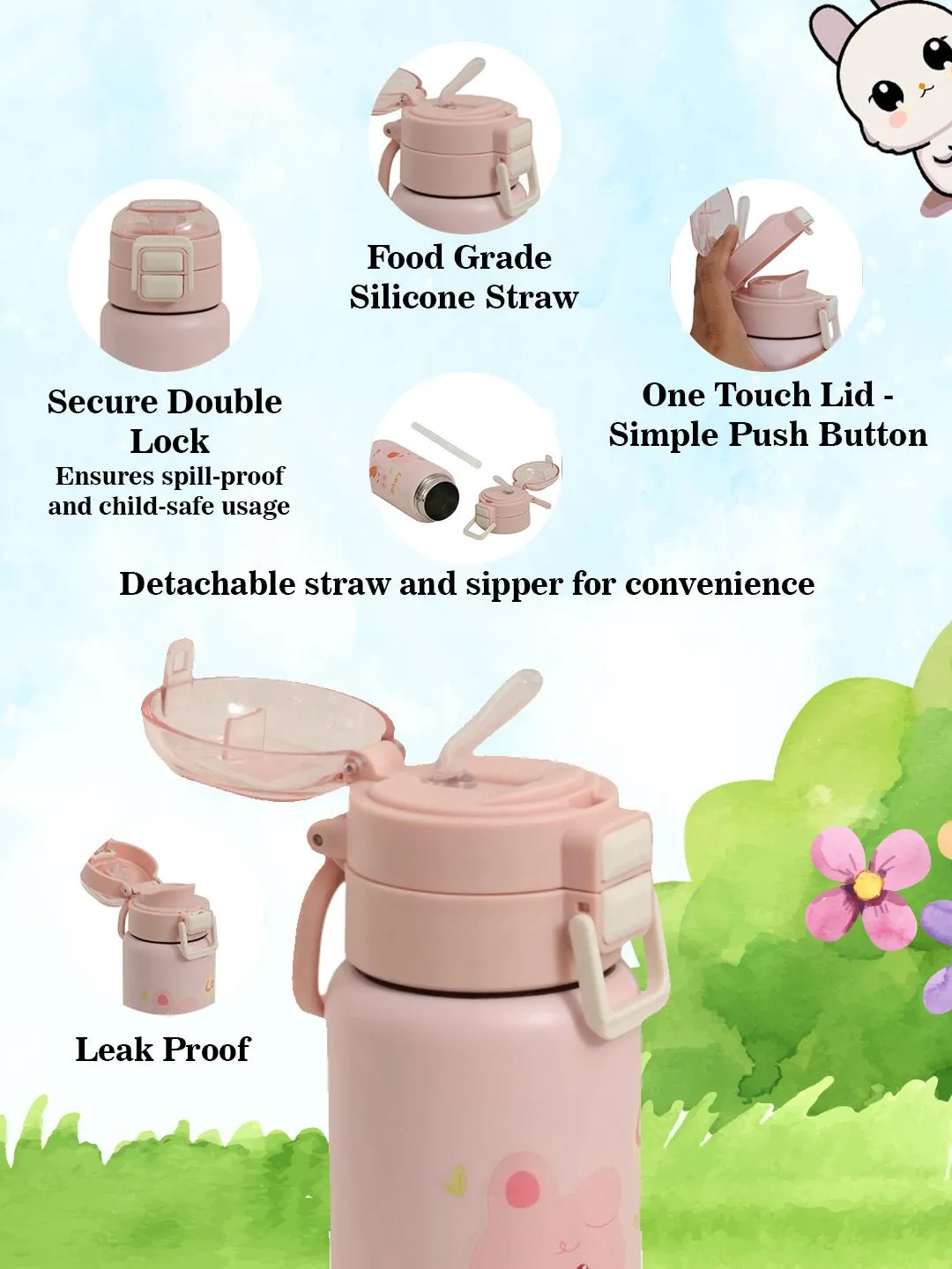 Adorable Bunny Insulated Hot & Cold Stainless Steel Sipper Bottle For Girls- 520 ML