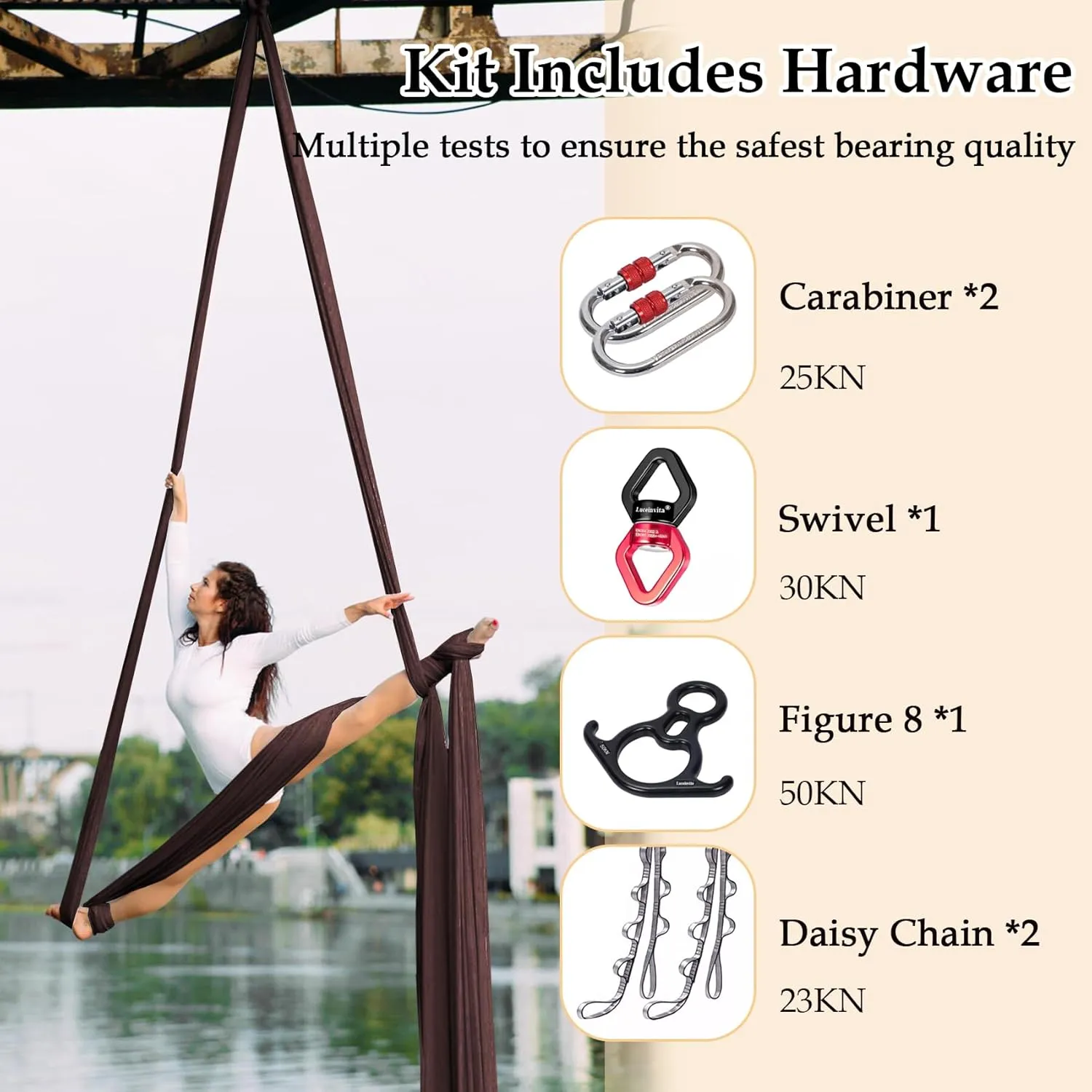 Aerial Silks Hammock Kit for Home and Outdoor, Nylon Tricot Flying Yoga Silk Swing for Gymnastics with Full Hardware