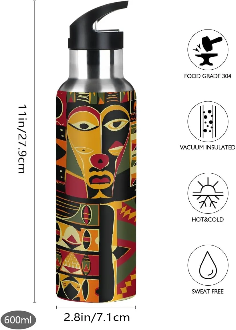 African Style Pattern Water Bottle 20 oz Insulated Water Bottles with Straw Leakproof Vacuum Thermal Stainless Steel Water Bottle for Kids Adults