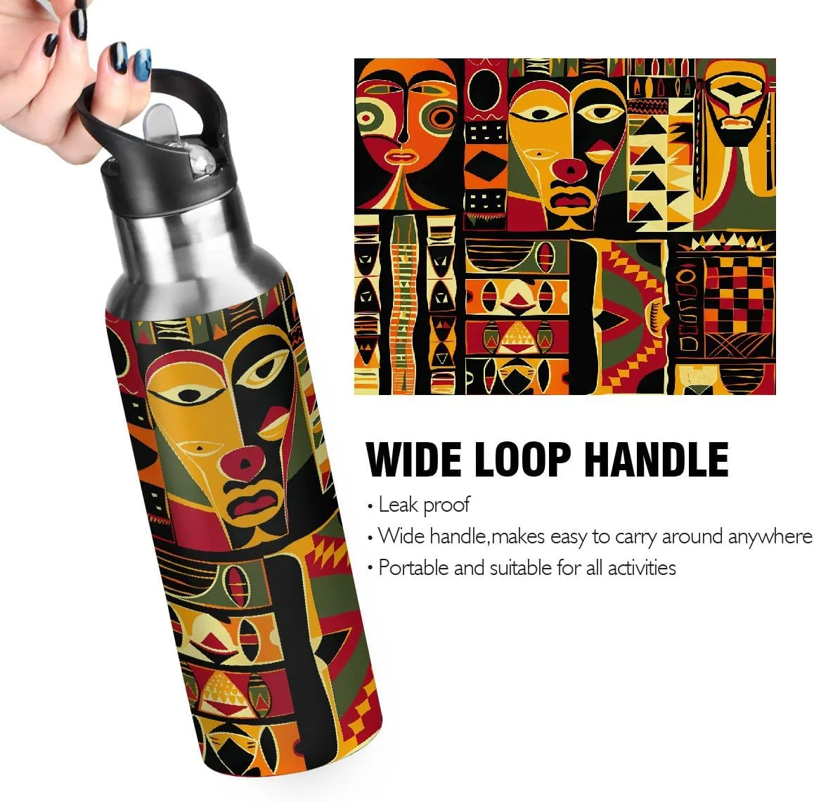 African Style Pattern Water Bottle 20 oz Insulated Water Bottles with Straw Leakproof Vacuum Thermal Stainless Steel Water Bottle for Kids Adults
