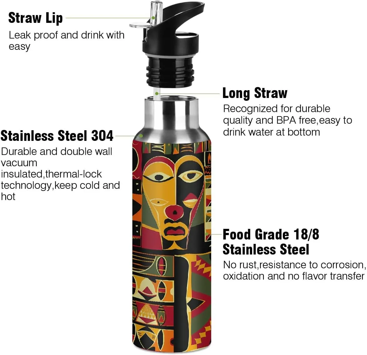 African Style Pattern Water Bottle 20 oz Insulated Water Bottles with Straw Leakproof Vacuum Thermal Stainless Steel Water Bottle for Kids Adults