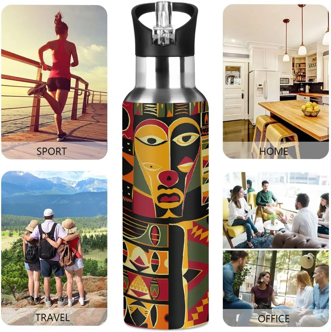 African Style Pattern Water Bottle 20 oz Insulated Water Bottles with Straw Leakproof Vacuum Thermal Stainless Steel Water Bottle for Kids Adults