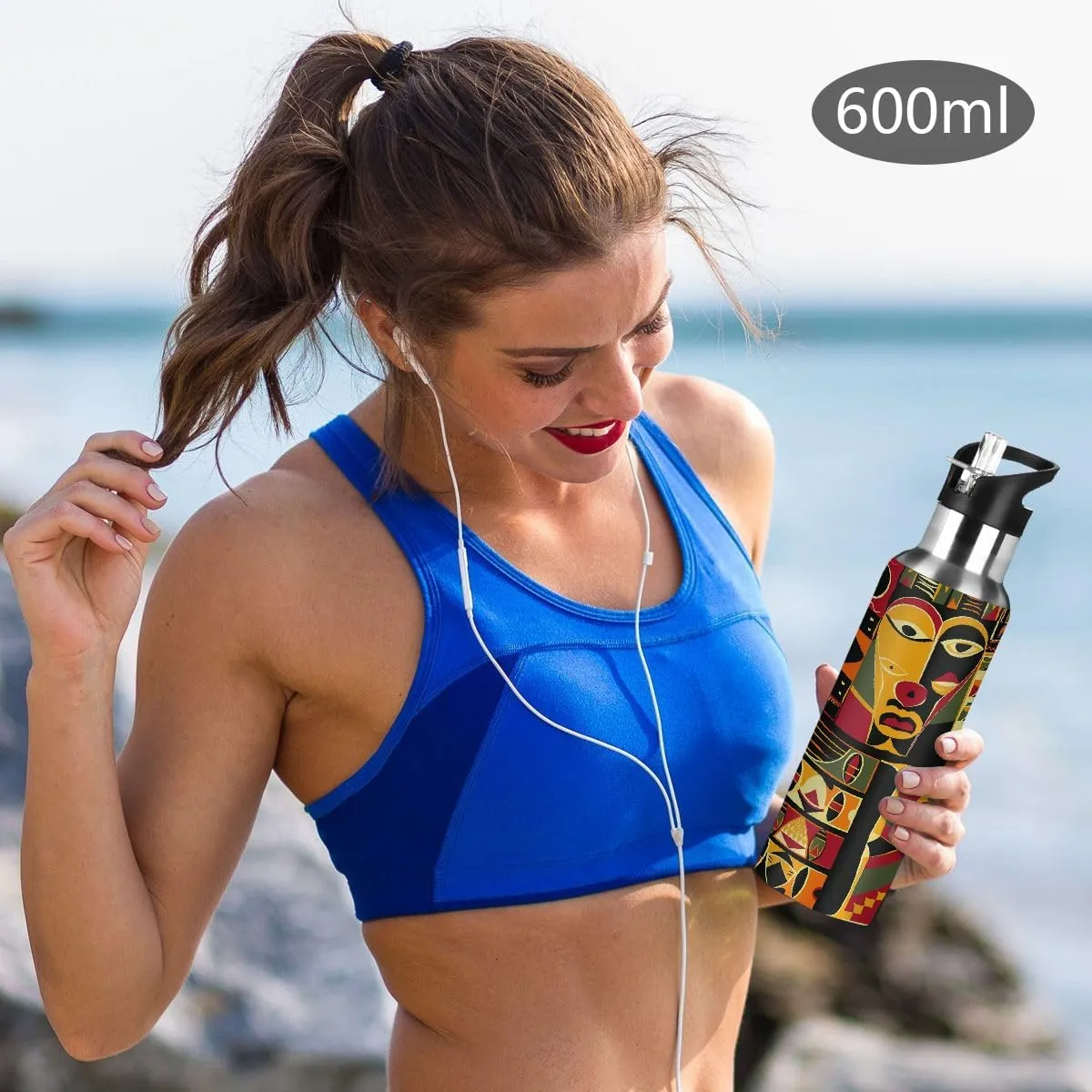 African Style Pattern Water Bottle 20 oz Insulated Water Bottles with Straw Leakproof Vacuum Thermal Stainless Steel Water Bottle for Kids Adults