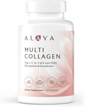 Alaya Naturals Hydrolyzed Multi Collagen Peptides Protein Capsules - Type I, II, III, V, X Grass-Fed Bovine, Chicken, Marine Collagen Supplement with MSM   GC (Capsules - 120 Count)