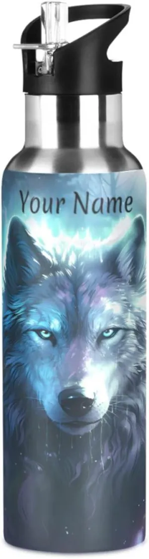 ALAZA Personalized Magic Wolf Water Bottle for Kids, Boys, Girls - Custom Name Insulated Stainless Steel Flask, 20 oz