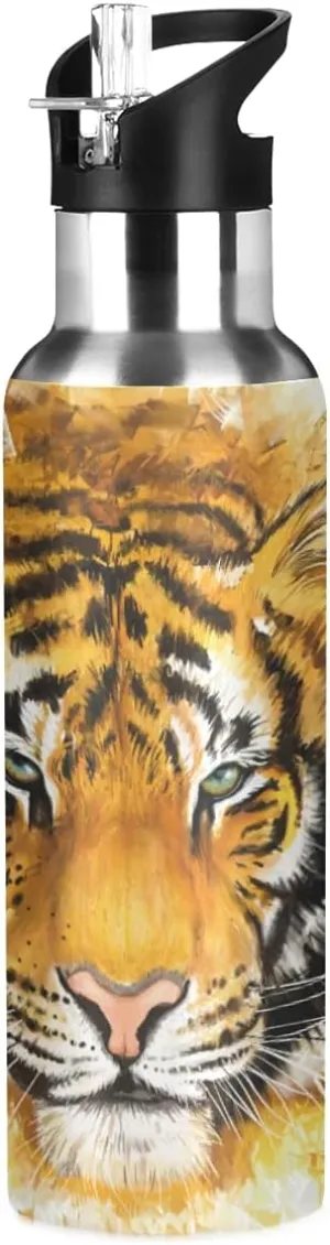 ALAZA Tiger Water Bottle Kids Bottle Tiger Stainless Steel with Straw Lid Animals Tiger Insulated Water Bottle Flask Leakproof Bottle 20 oz