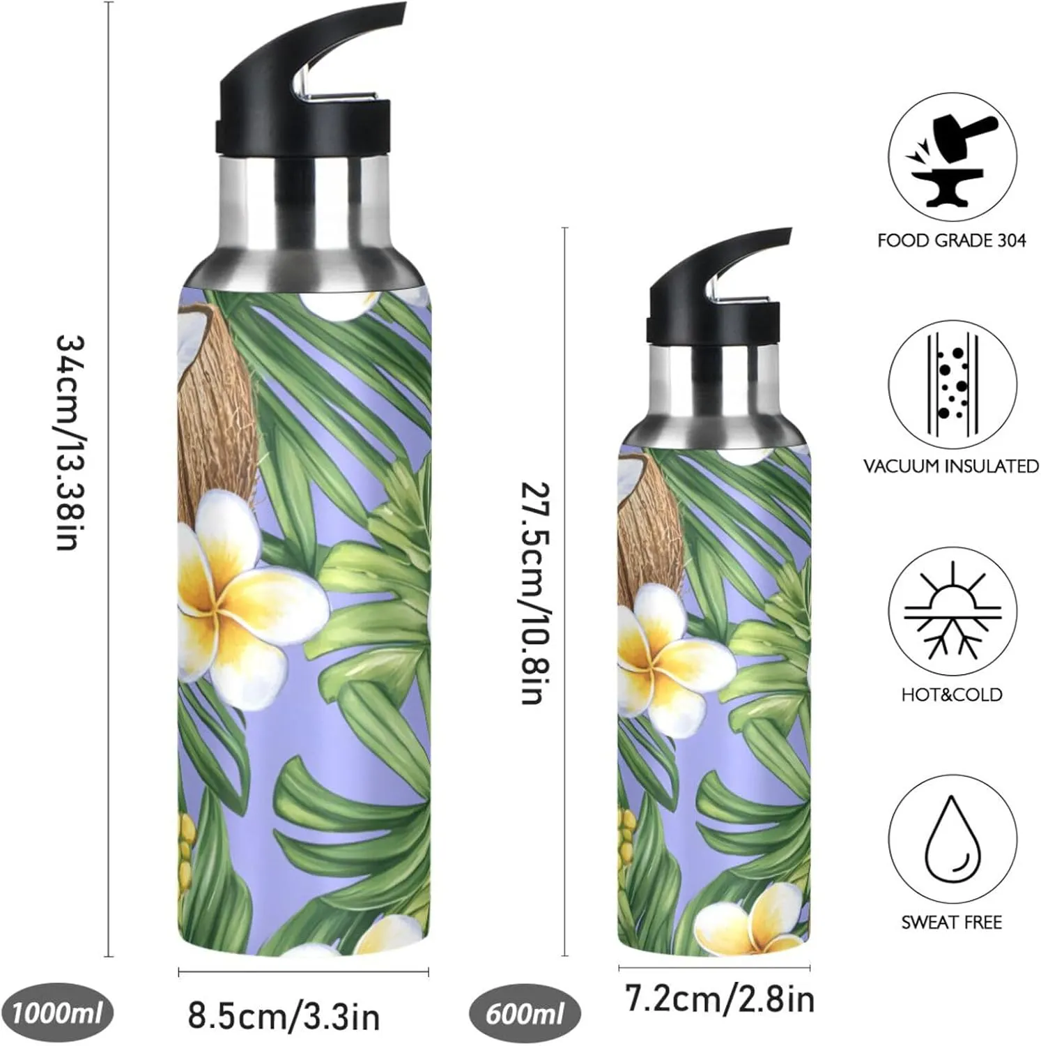ALAZA Tropical Coconut Palm Leaves Water Bottle with Straw Lid Vacuum Insulated Stainless Steel Thermo Flask Water Bottle 32oz