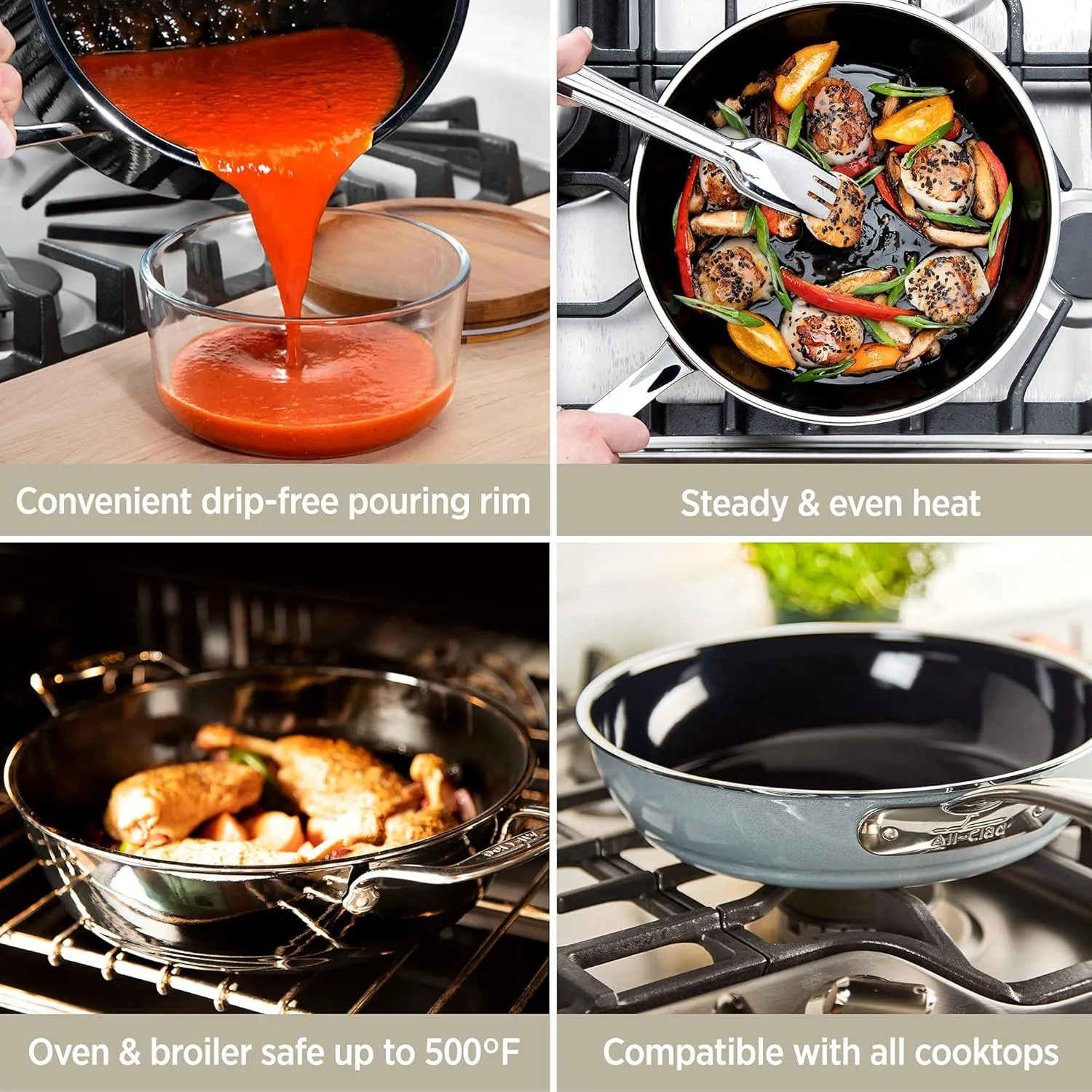 All-Clad FusionTec Ceramic Fry Pan 9.5 Inch Induction Oven Broiler Safe 500F Pots and Pans, Cookware Platinum