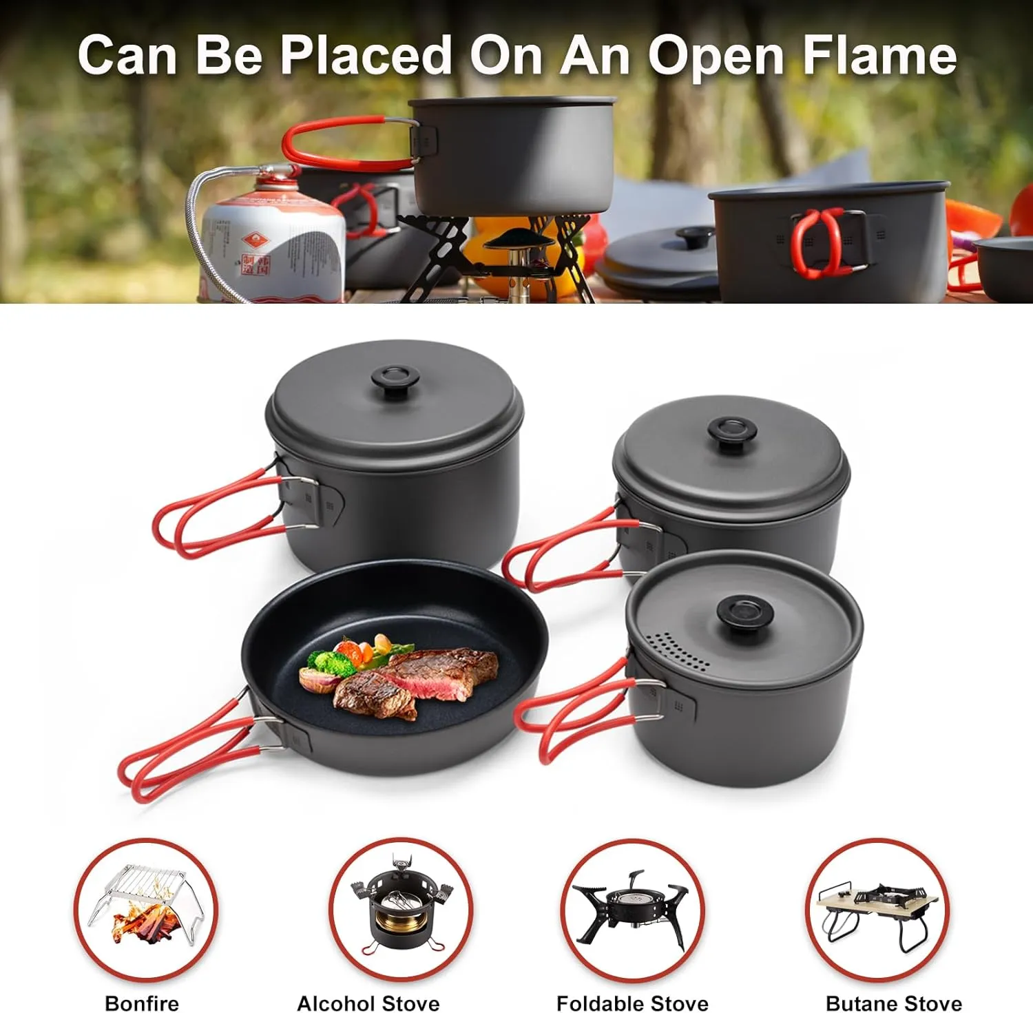 Alocs Camping Cookware Set Camping Gear, Compact Camping Pots and Pans Set, Durable Hard Alumina Camping Cooking Set for Outdoor Backpacking Camping Hiking Picnic, Included Mesh Carry Bag.