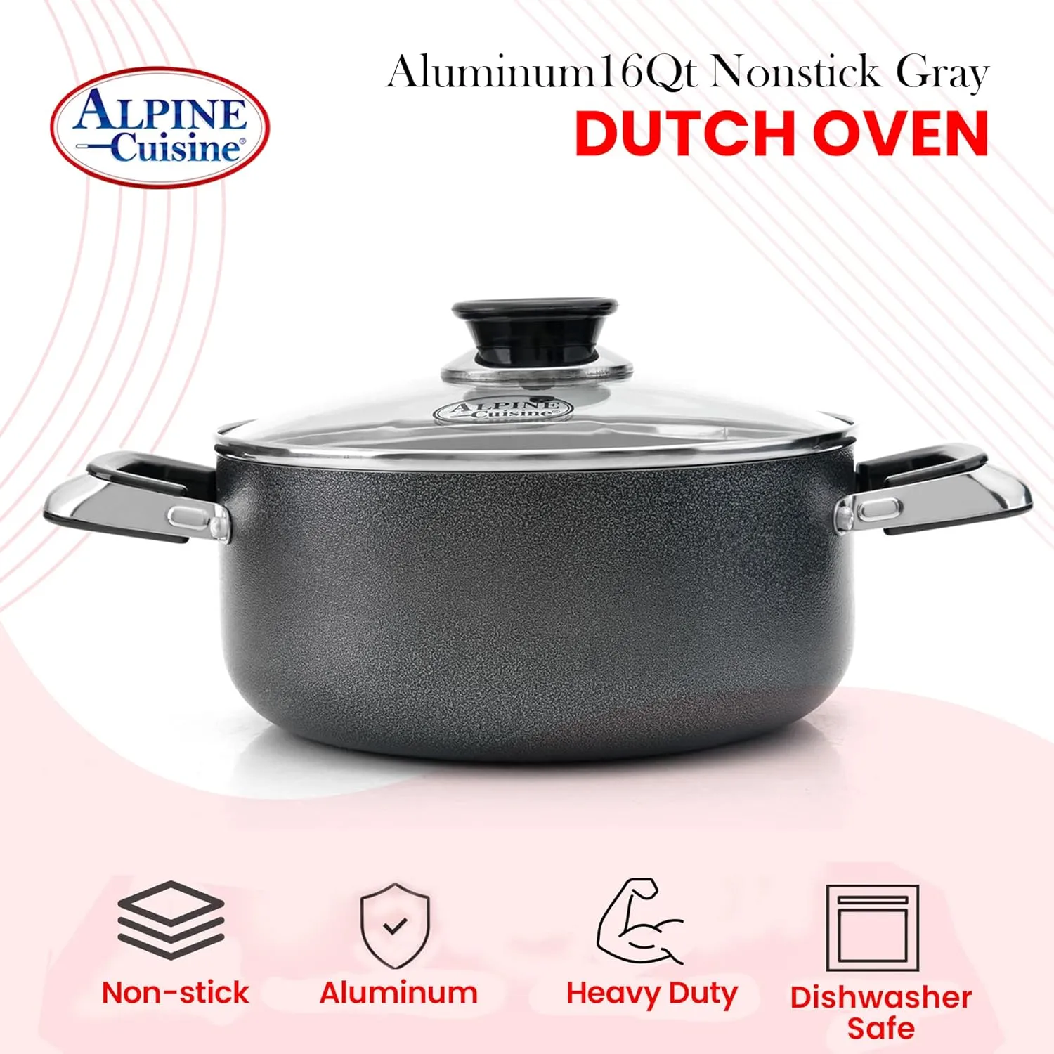 Alpine Cuisine 16 Quart Non-stick Stock Pot with Tempered Glass Lid and Carrying Handles, Multi-Purpose Cookware Aluminum Dutch Oven for Braising, Boiling, Stewing