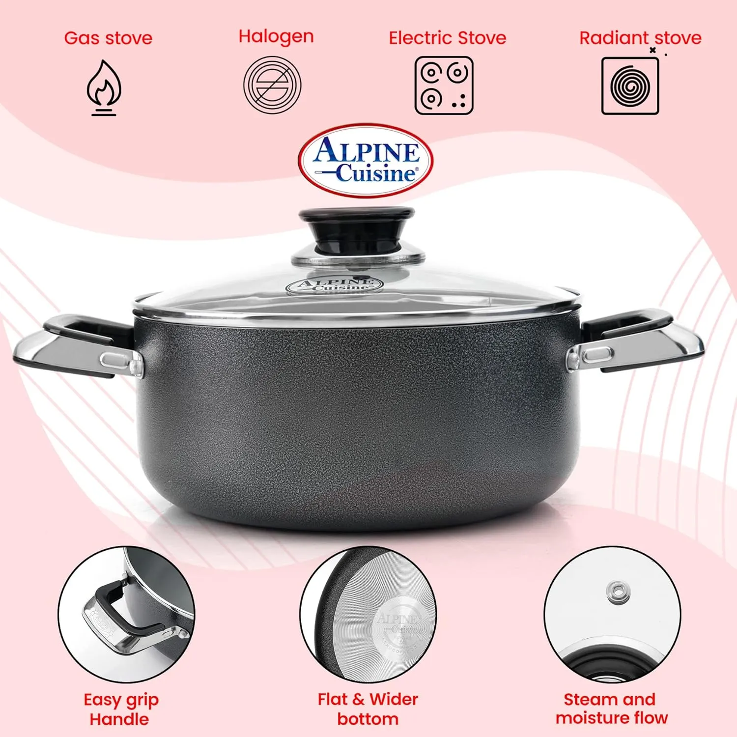 Alpine Cuisine 16 Quart Non-stick Stock Pot with Tempered Glass Lid and Carrying Handles, Multi-Purpose Cookware Aluminum Dutch Oven for Braising, Boiling, Stewing