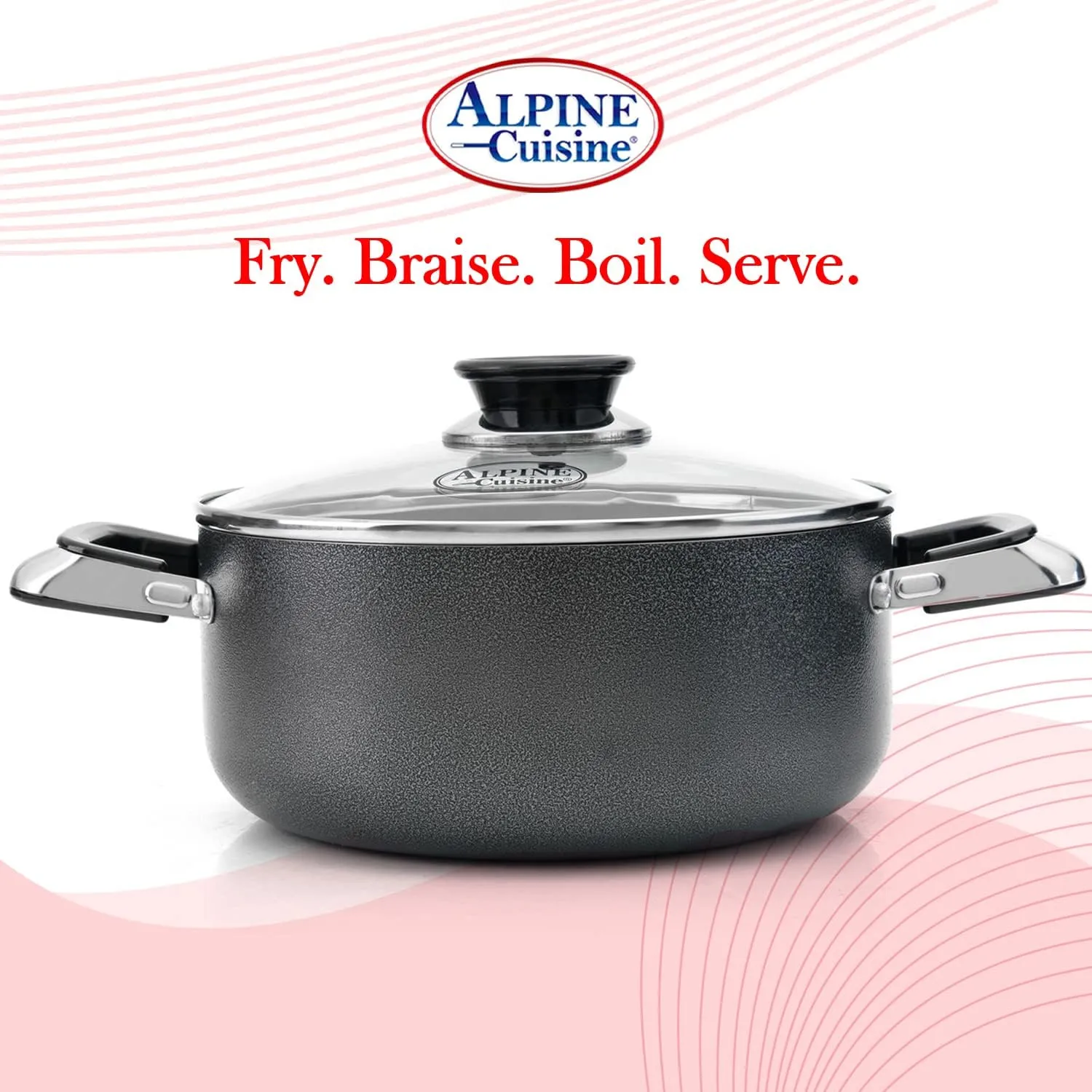 Alpine Cuisine 16 Quart Non-stick Stock Pot with Tempered Glass Lid and Carrying Handles, Multi-Purpose Cookware Aluminum Dutch Oven for Braising, Boiling, Stewing