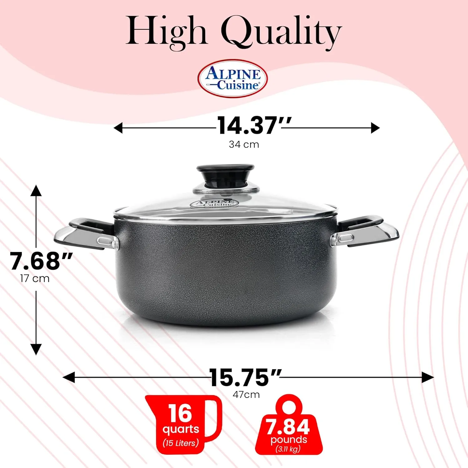 Alpine Cuisine 16 Quart Non-stick Stock Pot with Tempered Glass Lid and Carrying Handles, Multi-Purpose Cookware Aluminum Dutch Oven for Braising, Boiling, Stewing
