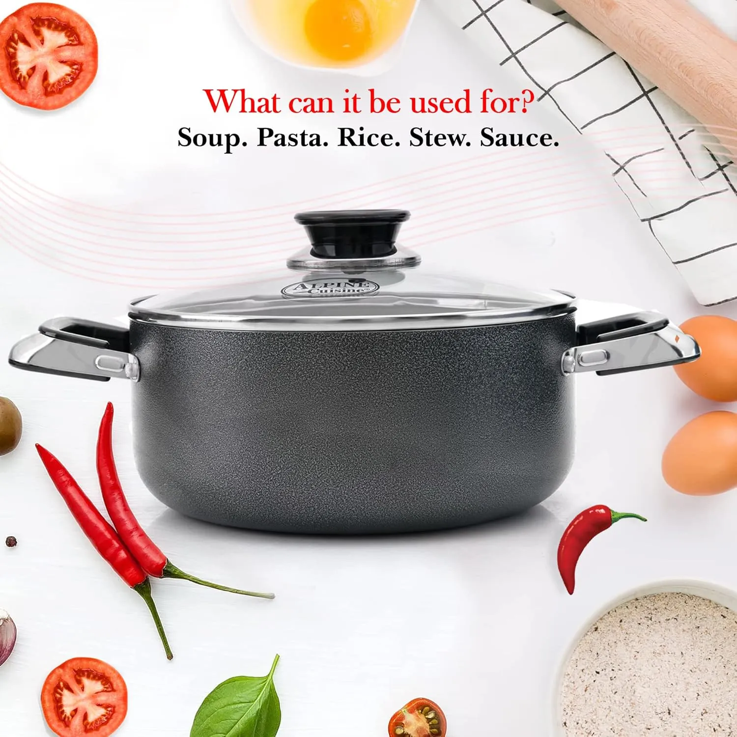 Alpine Cuisine 16 Quart Non-stick Stock Pot with Tempered Glass Lid and Carrying Handles, Multi-Purpose Cookware Aluminum Dutch Oven for Braising, Boiling, Stewing