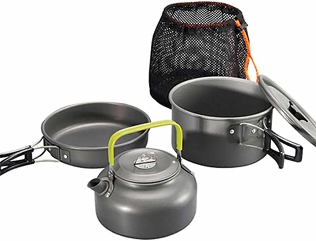 Aluminum Alloy Outdoor Camping Trip Cookware Camping Pot Hiking Picnic Tourist Tableware Set with Folding Spoon Mini Gas Stove (Color : B) (B)
