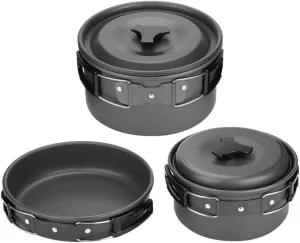 Aluminum Camping Cookware Set, Lightweight Foldable Handles, Nonstick, 2-3 People, for Picnic, Camping