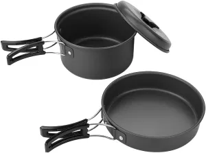 Alvinlite Camping Cookware Mess Kit Aluminum Camping Cooking Set Backpack Camping Pot and Pan Lightweight and Compact Cookware with Foldable Handle for Backpacking Hiking Picnic(Black)