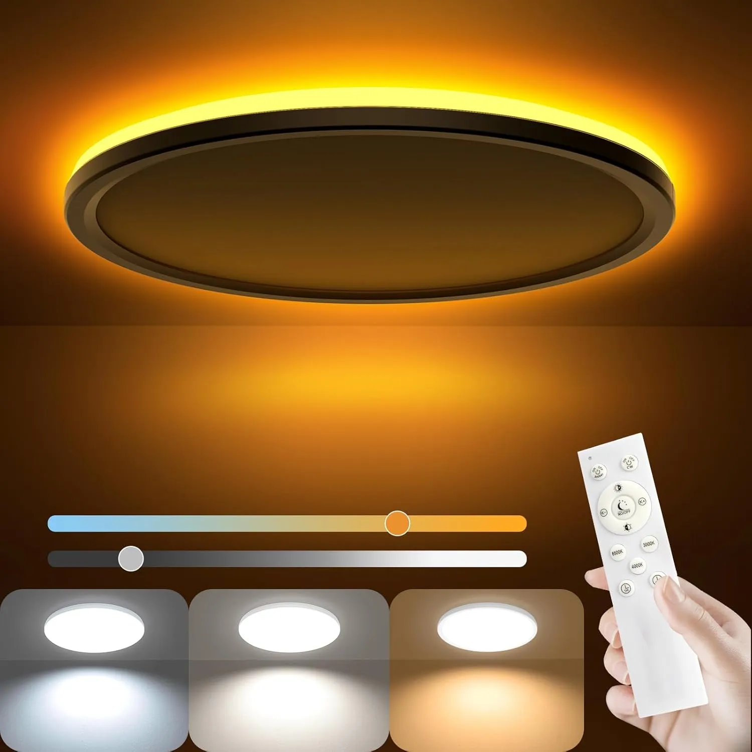 AmazeFan 12 Inch LED Dimmable Ceiling Light - 24W 2400LM Modern Lamp with Remote Control - 6W Night Light - Warm White LED Flush Mount for Bedroom, Kitchen, Living Room (Round)