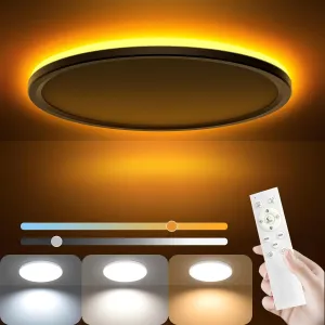AmazeFan 12 Inch LED Dimmable Ceiling Light - 24W 2400LM Modern Lamp with Remote Control - 6W Night Light - Warm White LED Flush Mount for Bedroom, Kitchen, Living Room (Round)