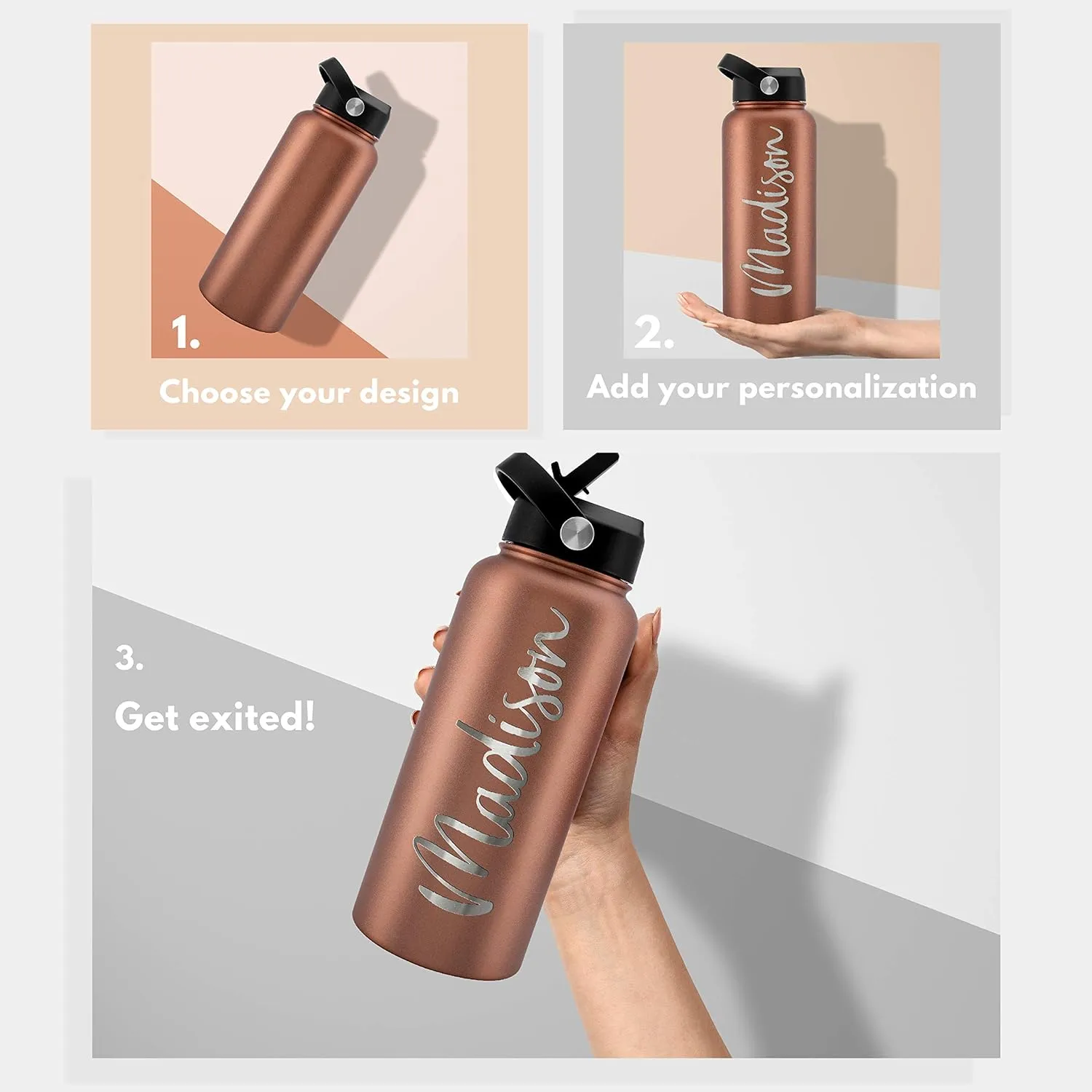 Amazing Items Personalized Water Bottle w/Straw & Lid, 24 oz - Fire Red | Custom Stainless Steel Sports Water Bottle w/Name and Text - Double-Wall, Vacuum Insulated - Rotating Handle