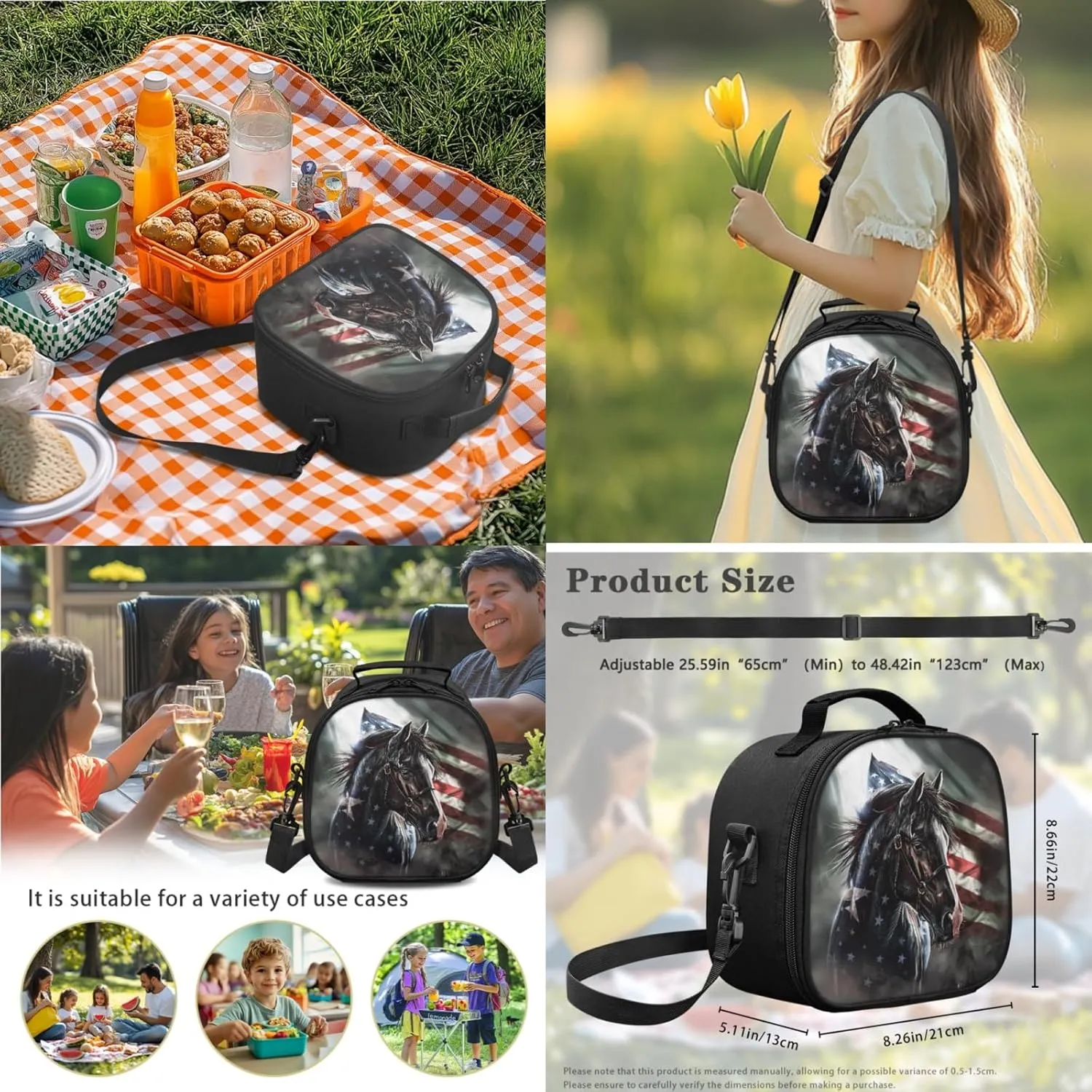 American Flag Kids Backpack 3 in 1 Set for Boys Horse School Bag,Patriotic Bookbag for Age 3-12 Children 17 Inch Daypack with Water Bottle Lunch Box for Daily