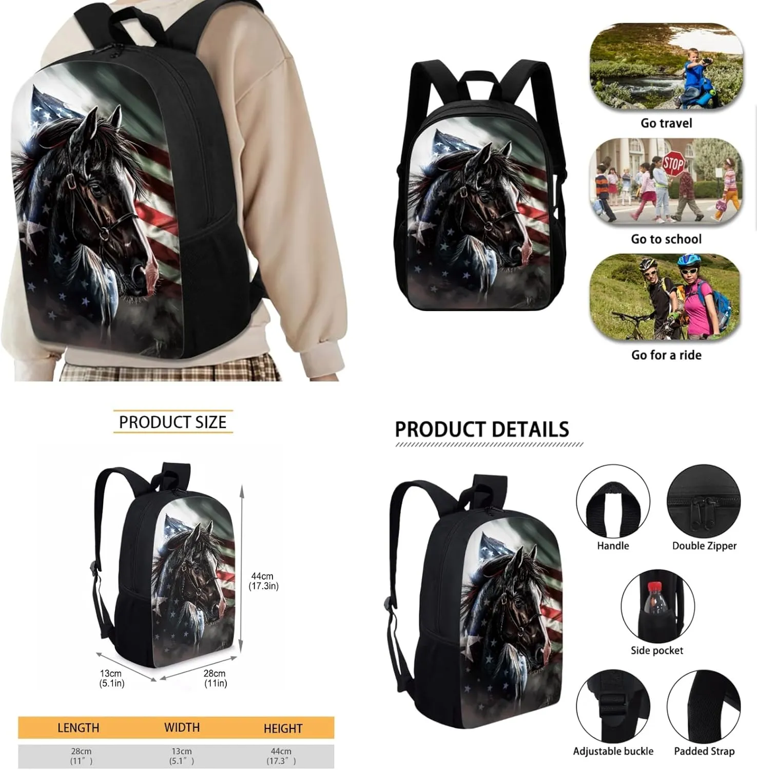American Flag Kids Backpack 3 in 1 Set for Boys Horse School Bag,Patriotic Bookbag for Age 3-12 Children 17 Inch Daypack with Water Bottle Lunch Box for Daily