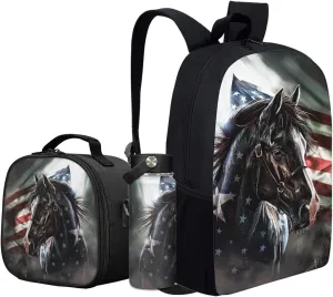 American Flag Kids Backpack 3 in 1 Set for Boys Horse School Bag,Patriotic Bookbag for Age 3-12 Children 17 Inch Daypack with Water Bottle Lunch Box for Daily