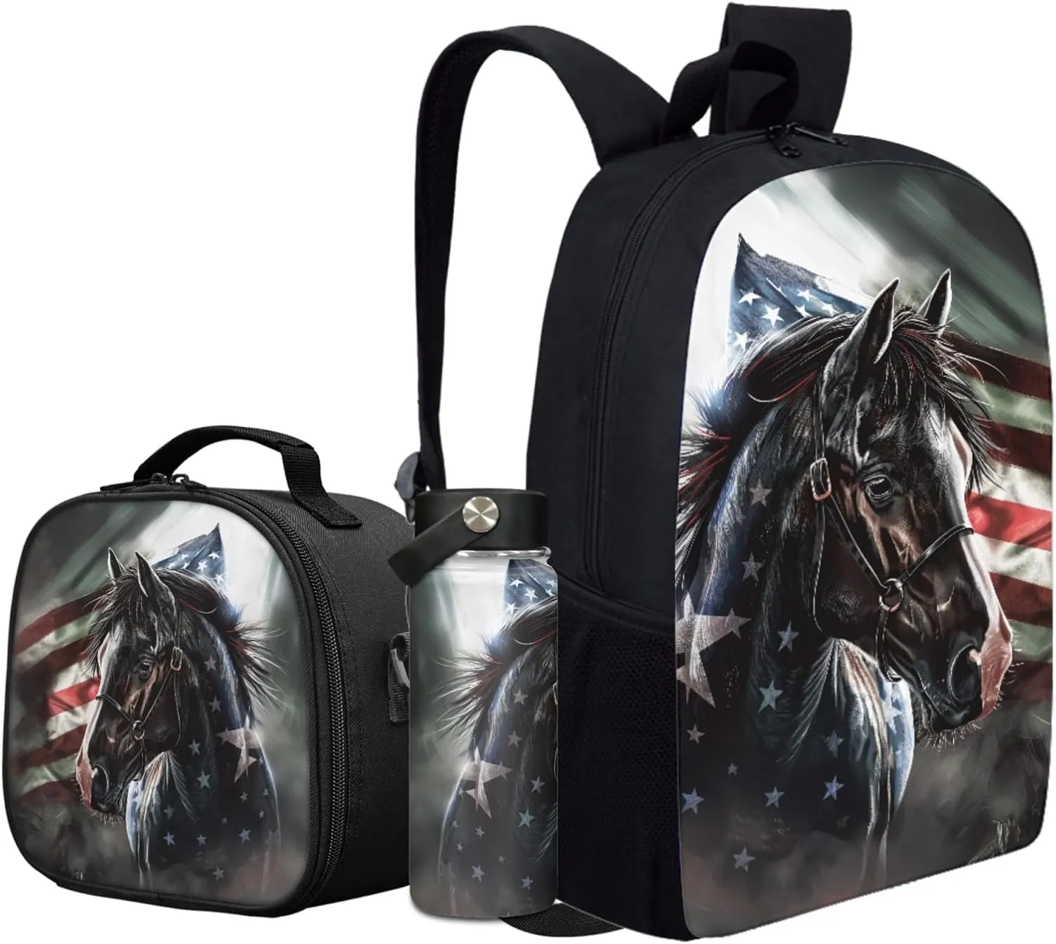 American Flag Kids Backpack 3 in 1 Set for Boys Horse School Bag,Patriotic Bookbag for Age 3-12 Children 17 Inch Daypack with Water Bottle Lunch Box for Daily