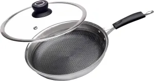 AmericanStandard Premium Stainless Steel Hexa Honeycomb Pattern Nonstick Triply Fry Pan Skillet with Glass Lid PFOA Free 430 Grade Pure Induction Base For all Cooktops. 22/24 CM (22 CM)
