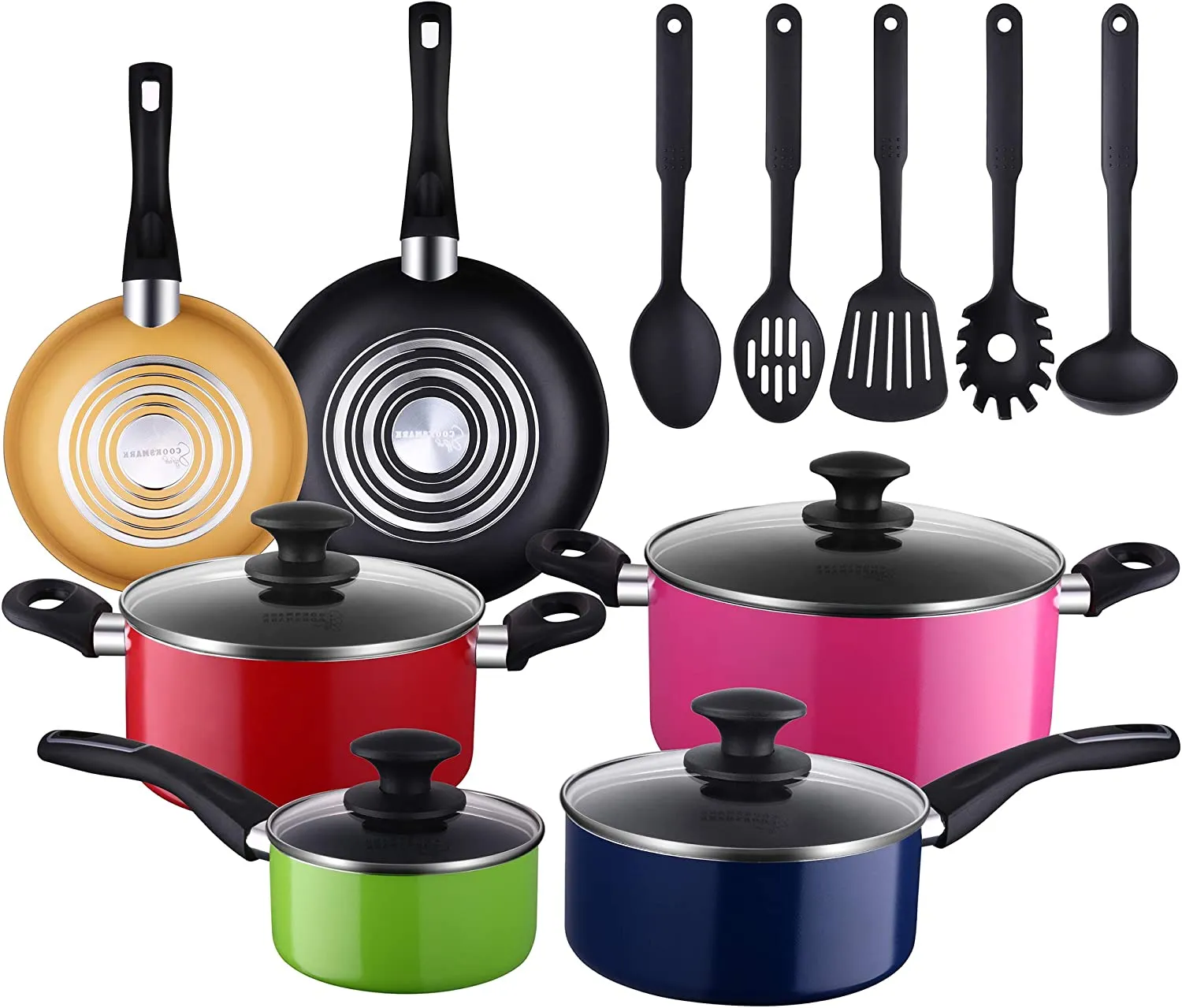 AMERICOOK 15-Piece Kitchen Pots and Pans Set, Colorful Cookware Set Nonstick with 5-piece Nylon Cooking Utensils, Multicolor