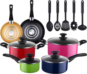 AMERICOOK 15-Piece Kitchen Pots and Pans Set, Colorful Cookware Set Nonstick with 5-piece Nylon Cooking Utensils, Multicolor