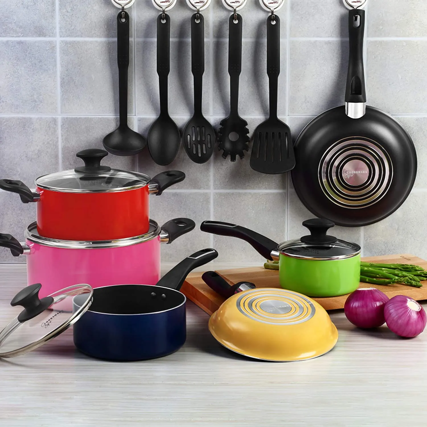 AMERICOOK 15-Piece Kitchen Pots and Pans Set, Colorful Cookware Set Nonstick with 5-piece Nylon Cooking Utensils, Multicolor